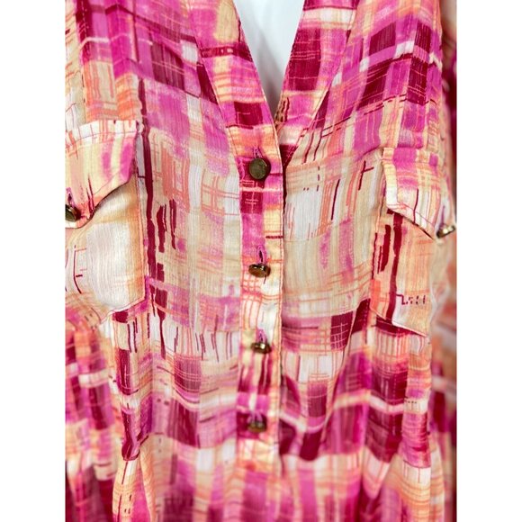 Avenue Womens Pink & Peach Abstract Printed Blouse 30/32 Button-Up Pocket Detail - Picture 9 of 15